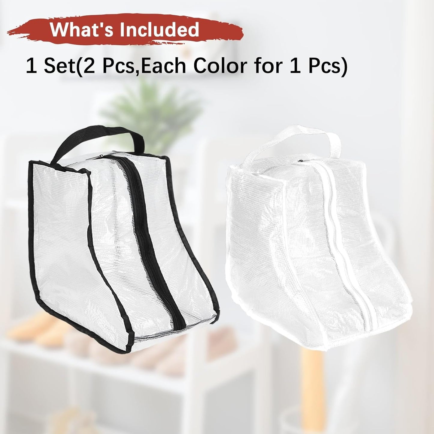 Boot Storage Bags [2PCS] - Plastic Short Boot Carry Bags Clear Shoe Bags with Handle for Travel & Daily Use - [White, Black] Waterproof & DustProof Boot Bags for Cowboy Boots
