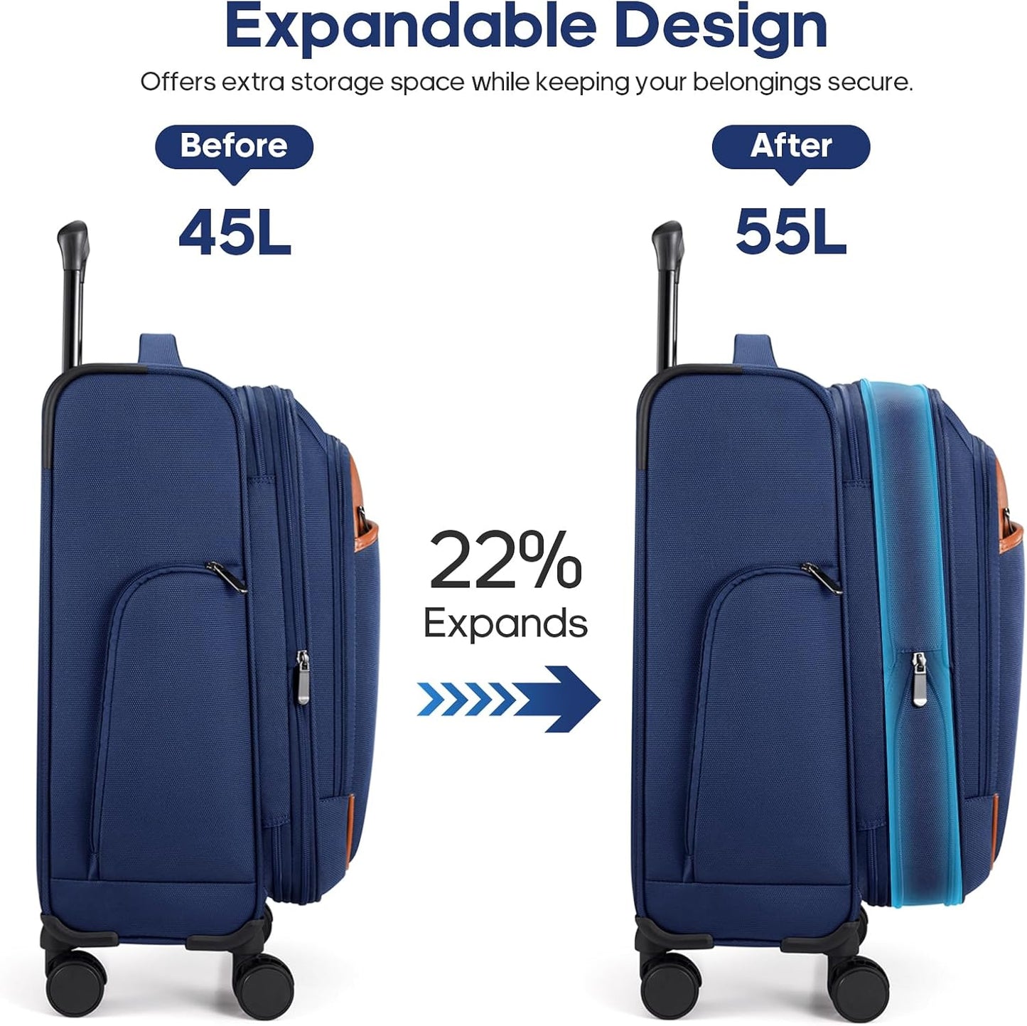 UKEIN Softside Expandable Carry On Luggage 22x14x9 Airline Approved, 20 Inch Carry On Suitcase with Wheels & TSA Lock, Travel Suitcase with 4-Piece Packing Bags for Women Men