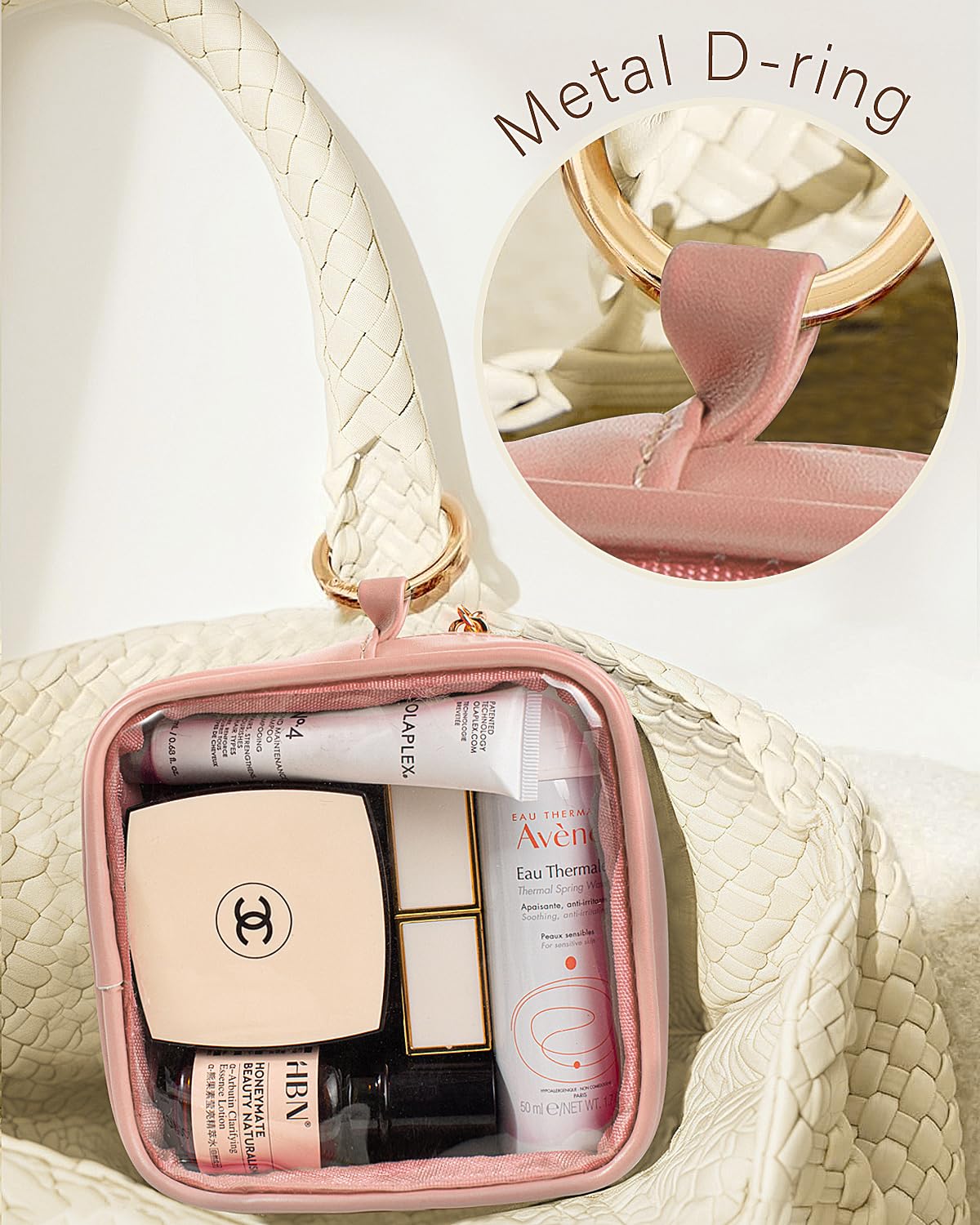 LETGO Mini Makeup Bag - Clear Toiletry Bag with Slip-in Pockets, Cute Cosmetic Essentials Pouch for Women, Pink Car Accessories for Girls(Mini Pink)