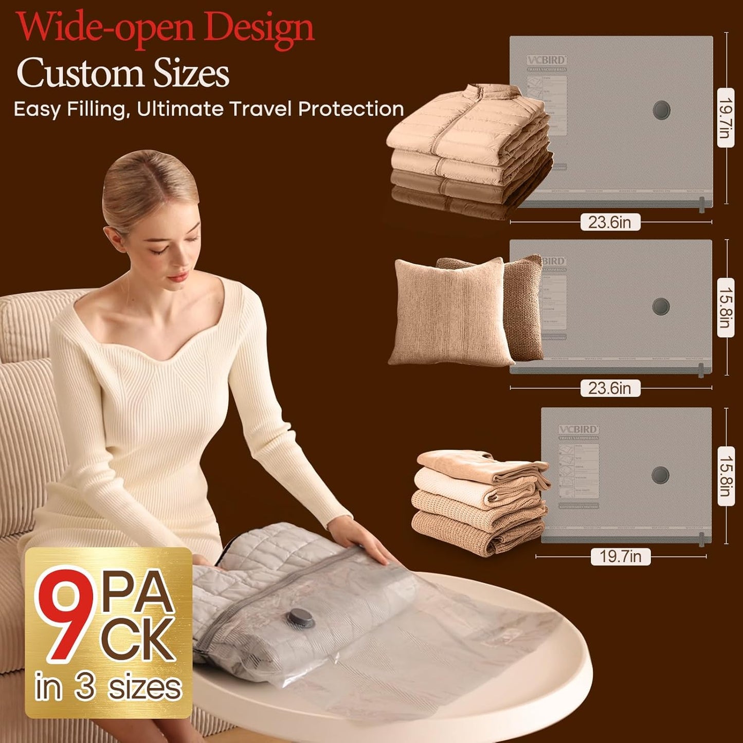 9 Packs Rechargeable Pump Vacuum Bags for Travel Packing, Carry-on Size Vacuum Seal Bags for Luggage and Suitcase Compression, Space Saver for Clothes and Clothing Organization