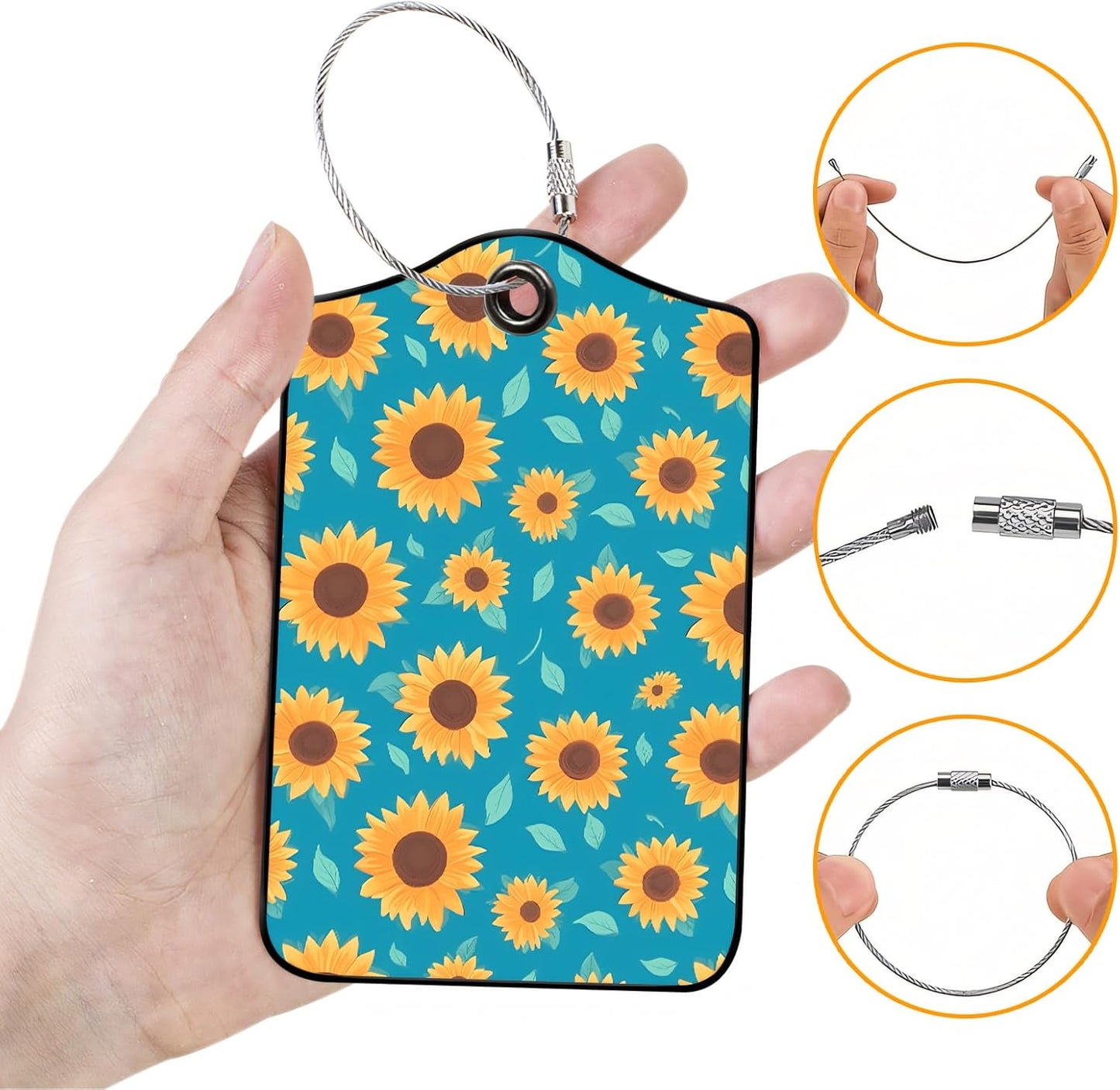 Luggage Tags for Suitcases, 2-Pack PU Leather for Cruise & Travel, Baggage ID Tags with Privacy Cover & Address Card, Durable Metal Ring, Kids Adults Travel Accessories, Turquoise Sunflowers