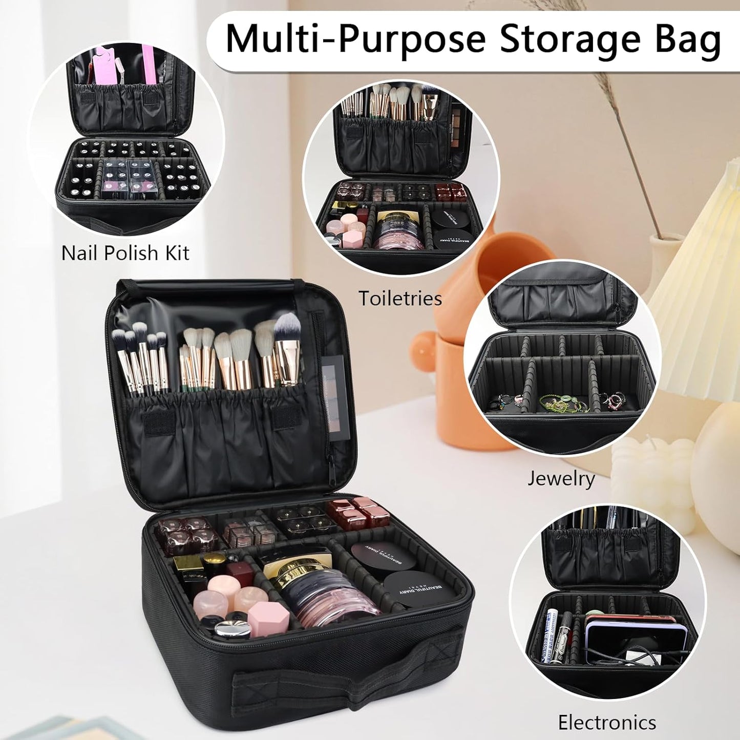 Travel Makeup Bag Makeup Cosmetic Train Case Organizer Portable Storage Bag with Adjustable Dividers for Cosmetics Makeup Brushes Toiletry Jewelry Black