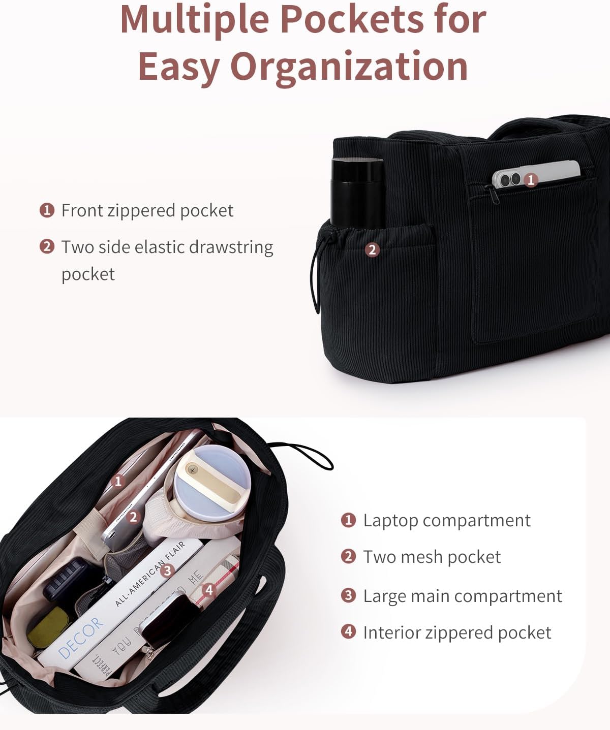 ECOHUB Tote Bag for Women, Work Tote Bags with Laptop Compartment, Large Corduroy Tote Bag with Stanley Cup Holder