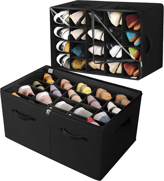 Shoe Organizer for Closet 2 Pack, Foldable Shoe Box with Adjustable Divider and Clear Cover, Space Saving Shoe Storage Organizer Cabinet with Reinforced Handles, Fits 40 Pair, Black, TP11B