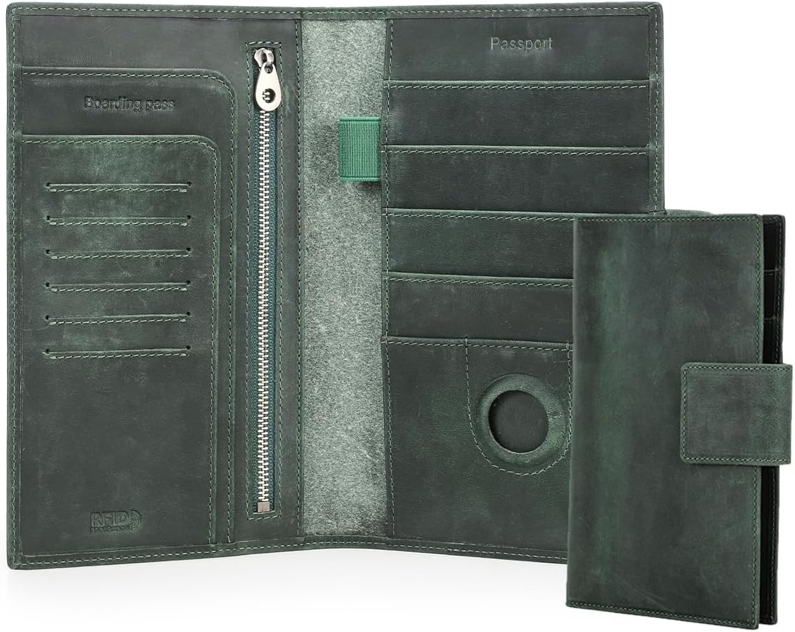 CONTACTS Full Grain Leather Family Passport Holder for 4 Airtag Passport Wallet RFID Blocking Travel Passport Cover with 4 Passport Slot, 6 Card Slot (Green)