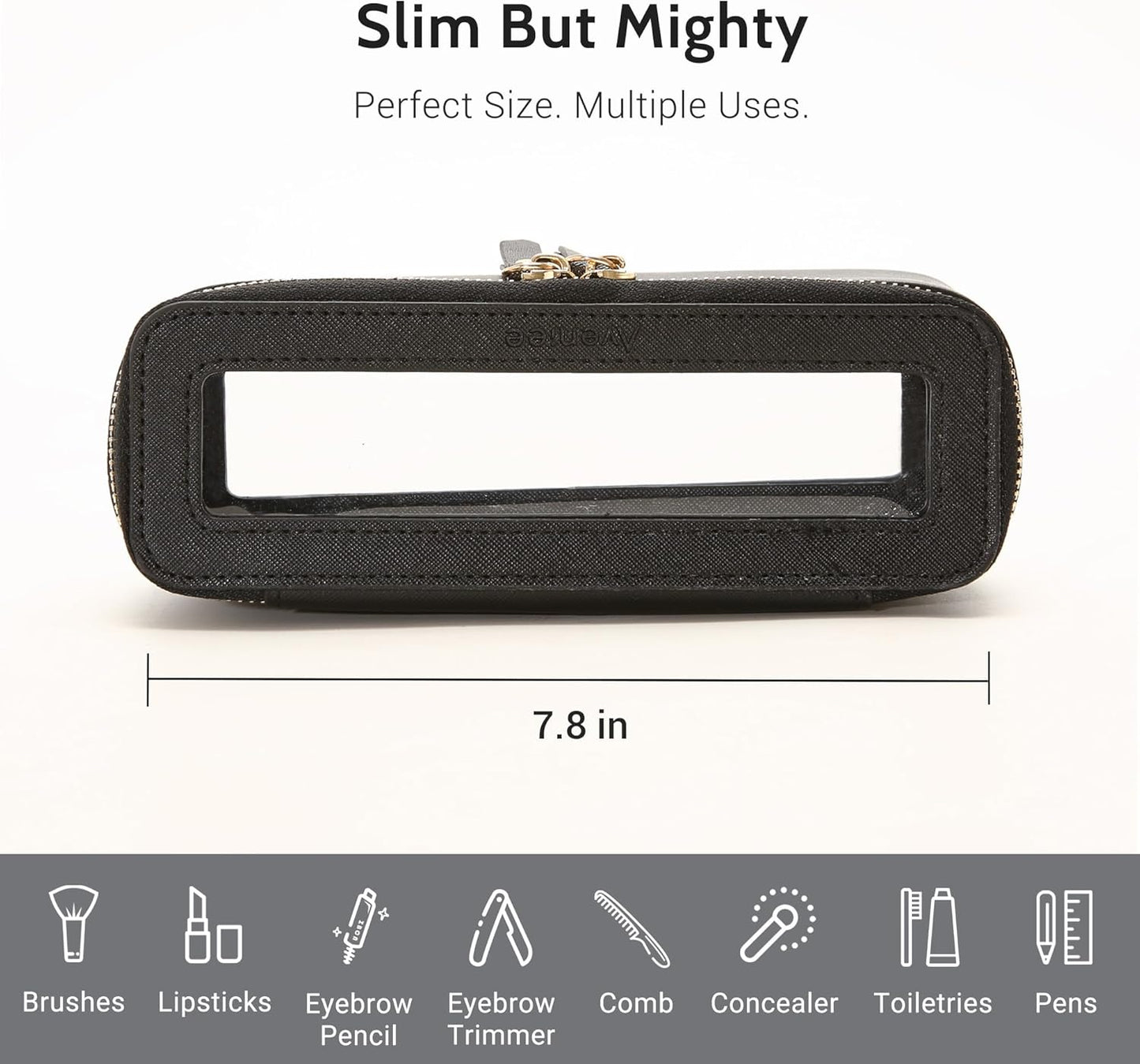 Aveniee Clear Makeup Brush Bag,Slim Cosmetic Brush Holder,Small Toiletry Bag Mini Travel Case for Women,Thin Make up Bags with Dual Zipper,Cute Travel Essentials Organizer,Black