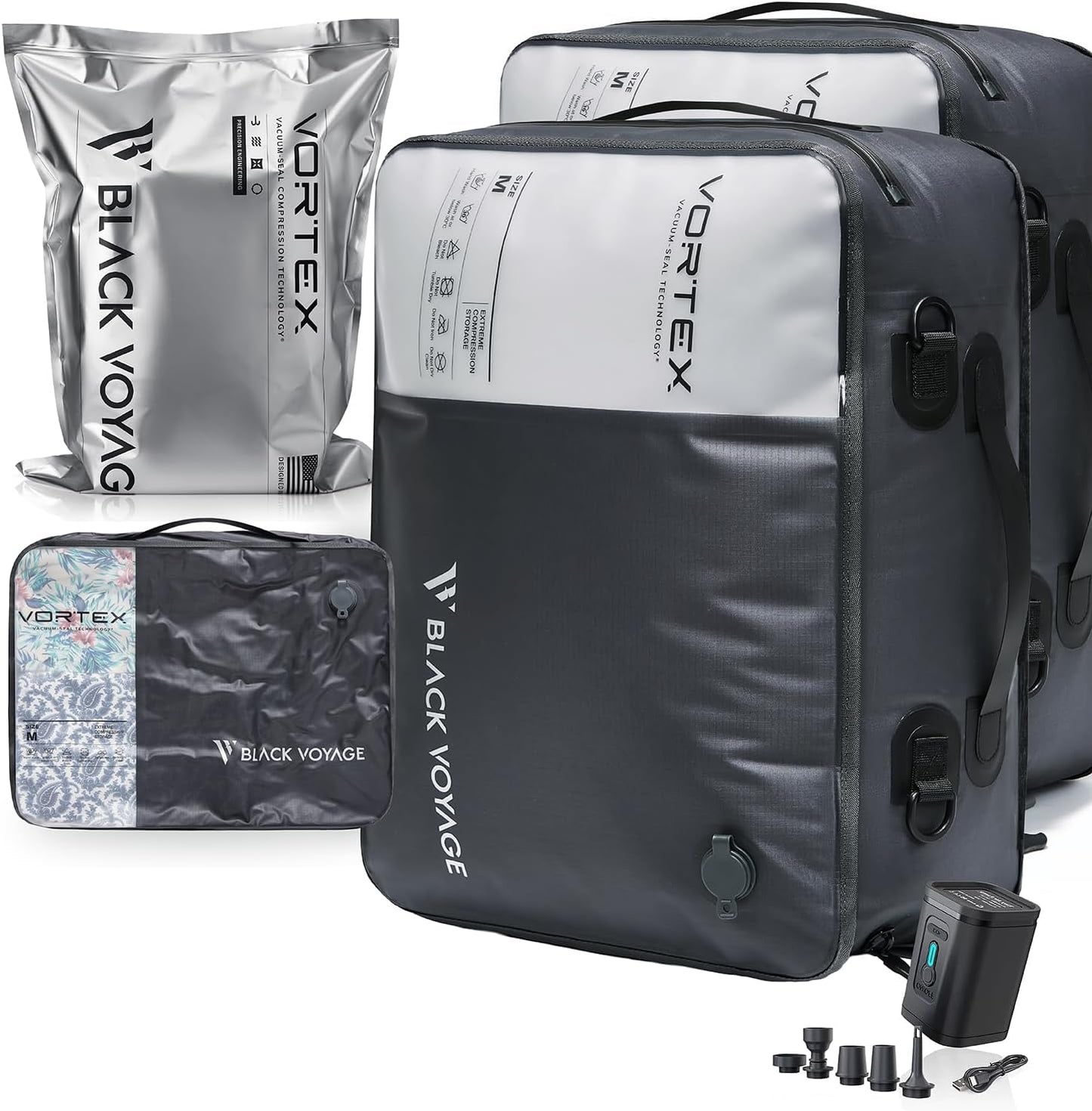Black Voyage Reusable Vacuum Compression Travel Bag for Carry-On Suitcase and Backpack, Recycled IP67 Waterproof Space Saver Vacpack (2-Pack, 21L - Pump Included)