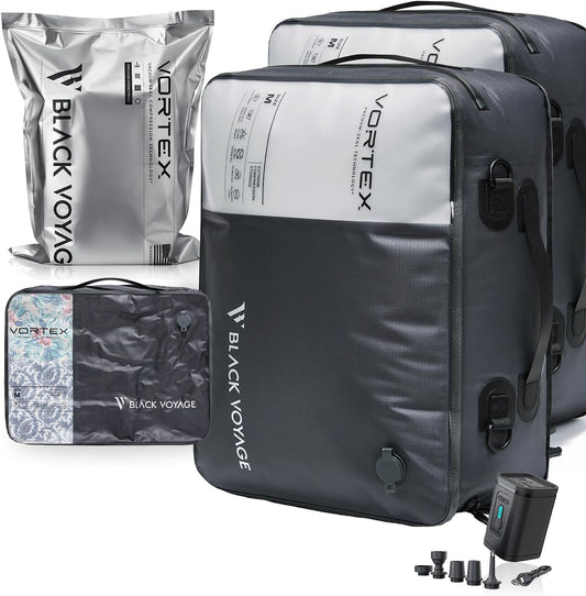 Black Voyage Reusable Vacuum Compression Travel Bag for Carry-On Suitcase and Backpack, Recycled IP67 Waterproof Space Saver Vacpack (2-Pack, 21L - Pump Included)
