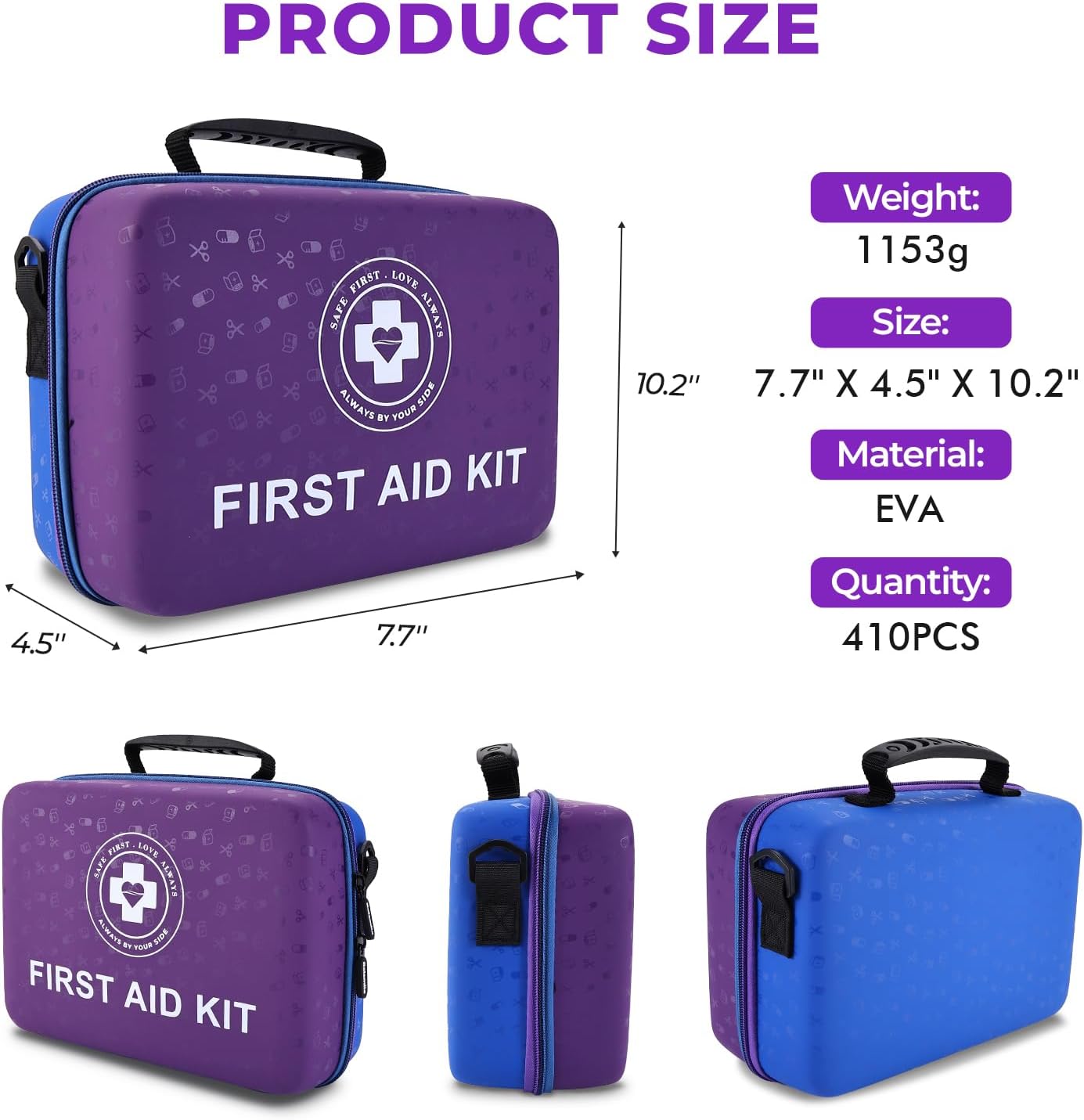 Large First Aid Kit - 410 Piece Dual-Color Emergency Kit with Hard Shell & Fluorescent Interior Coating, Professional Survival Kit for Home, Car, Travel, Hiking & Outdoor(Blue/Purple)