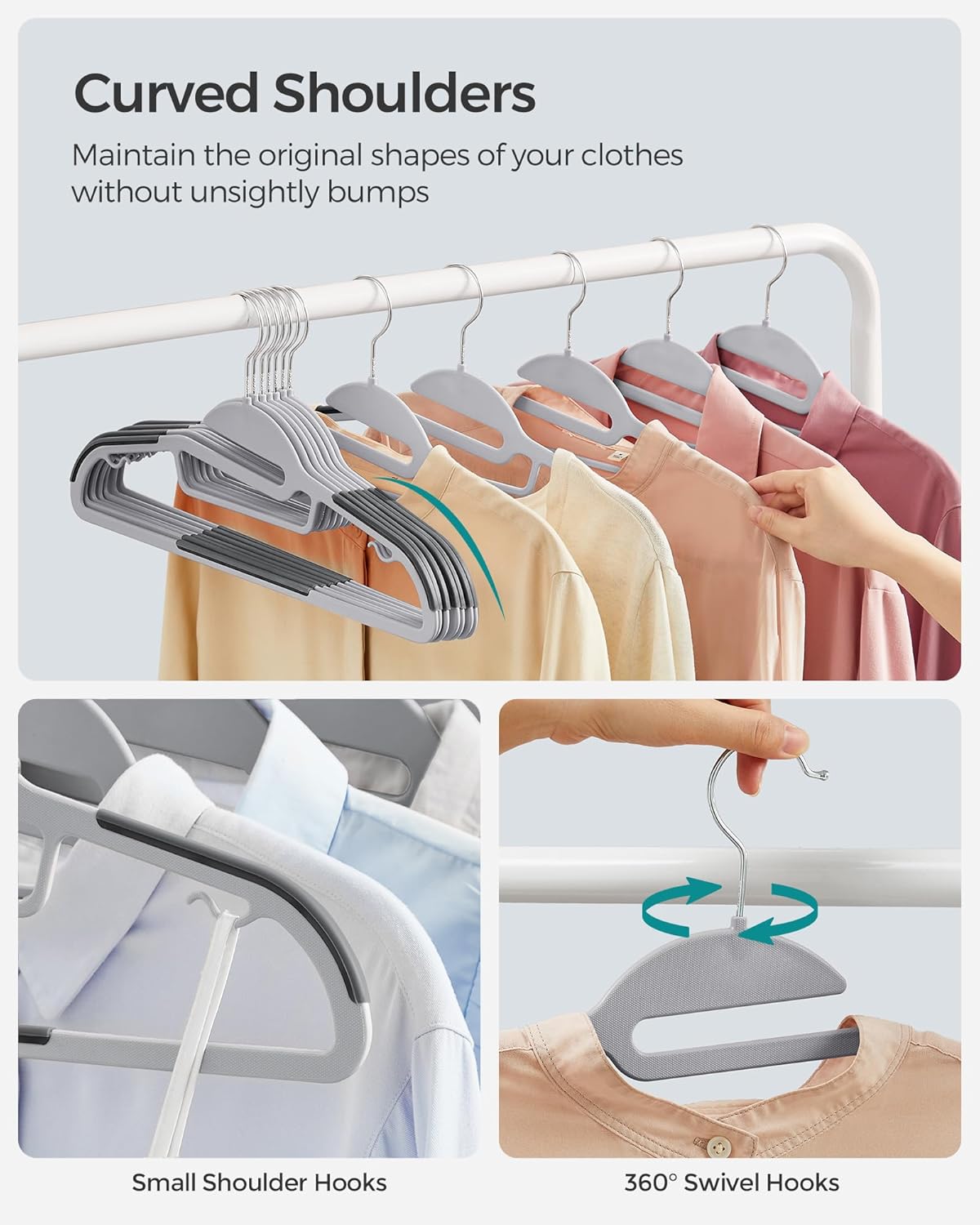 SONGMICS 50 Pack Coat Hangers, Heavy-Duty Plastic Suit Hangers, S-Shaped Opening, Space-Saving, 360º Swivel Hook, 16.3 Inches Wide, Light Gray and Dark Gray UCRP41G-50