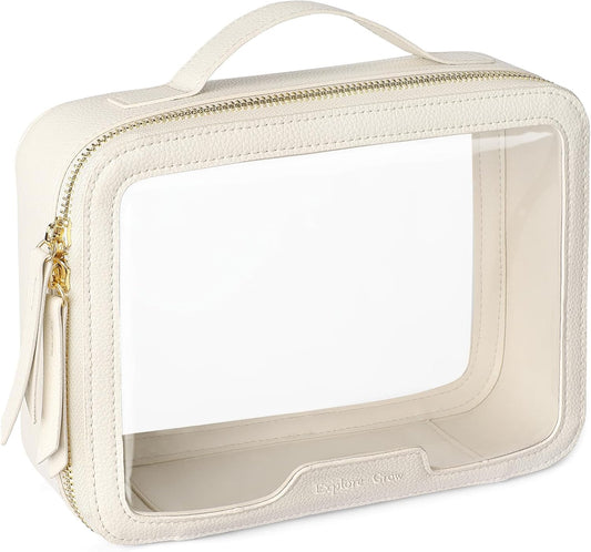 PACKISM Large Clear Makeup Bag - Pebbled Texture & Hard PU Leather Car Bag Organizer for Car Essentials, with Message Card Travel Cosmetic Bag for Women Gift (Cream Large)