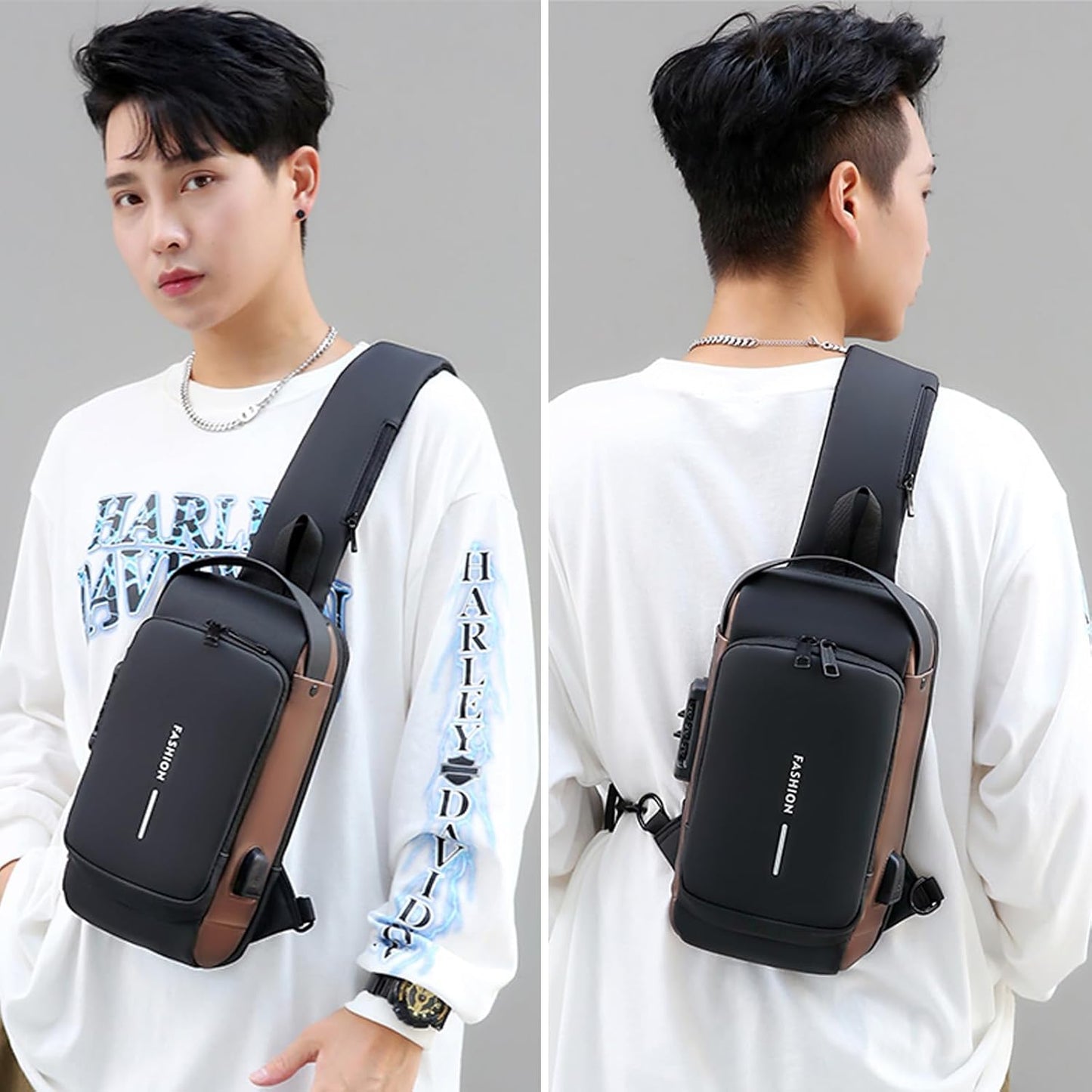 Sling Bag for Men Anti-theft USB Crossbody Shoulder Backpack Purse Waterproof PU Leather Chest Bag Travel Daily Use
