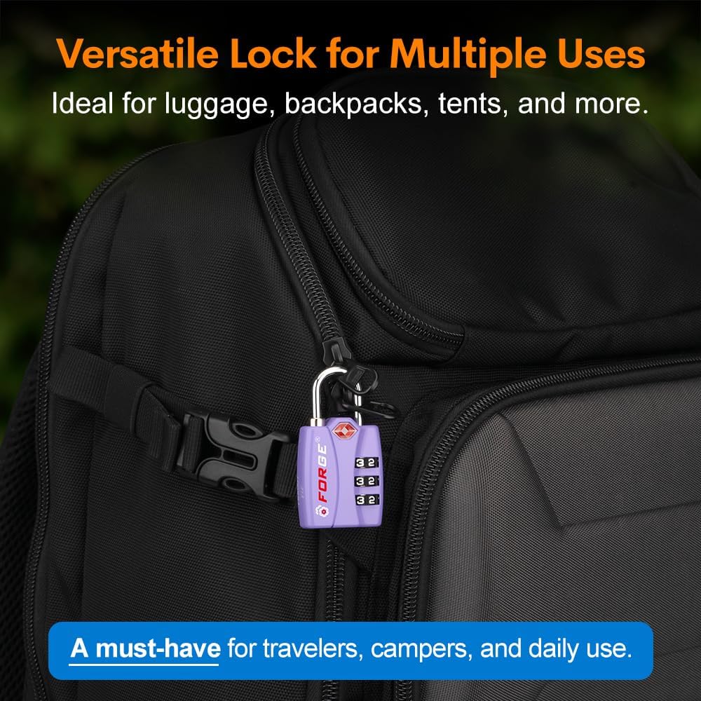 Forge Luggage Locks TSA Approved 2 Pack Purple, Small Combination Lock with Zinc Alloy Body, Open Alert, Easy Read Dials, for Travel Suitcase, Bag, Backpack, Lockers.