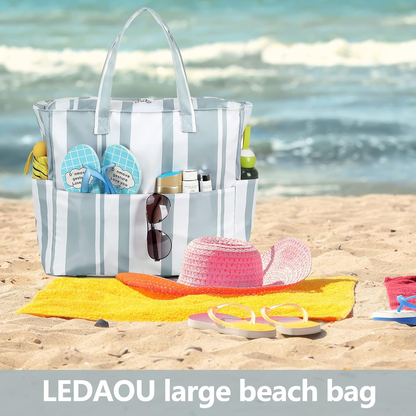 LEDAOU Beach Bag Waterproof Sandproof Women Tote Bag Pool Bag with Zipper for Gym Grocery Travel with Wet Pocket