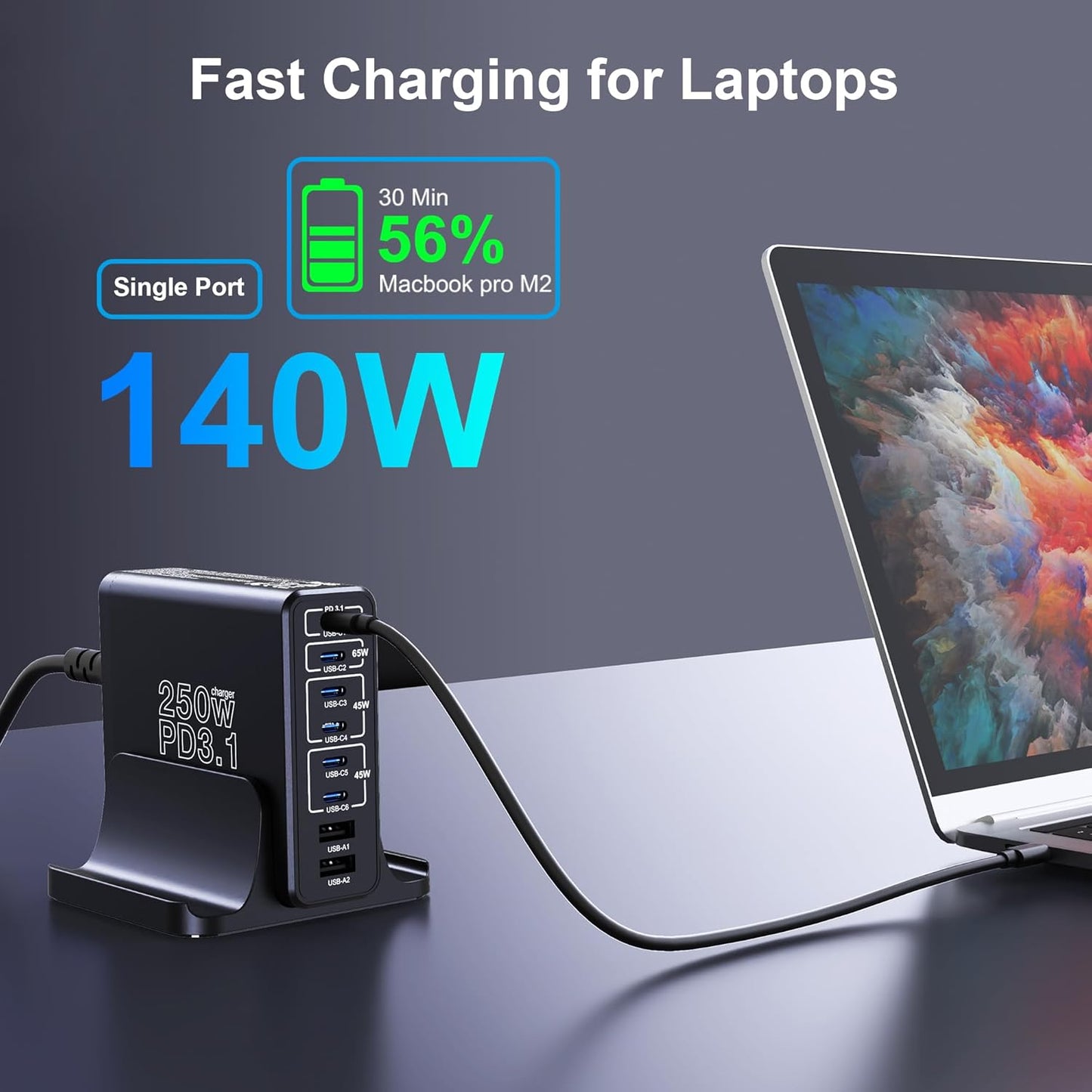Aftertop 250W USB C Charger, 8-Ports PD3.1 140W Fast Charging Station, Compact Laptop GaN Charger for MacBook, iPad, iPhone 16 15 Pro Max, Galaxy S24/S23 Ultra, Pixel and More