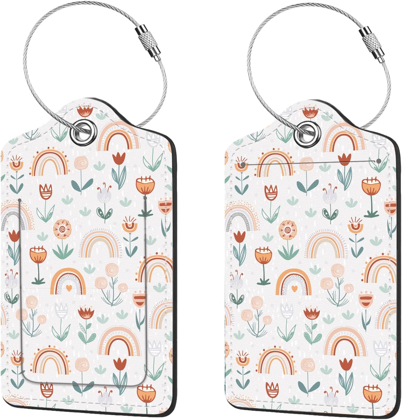 2 Pcs Luggage Tags for Suitcase, Cute Unique PU Leather Travel Bag Tag with Privacy Cover ID Label Address Card and Durable Metal Ring Suitable for Men Women Children Backpack,Rainbow and Flowers
