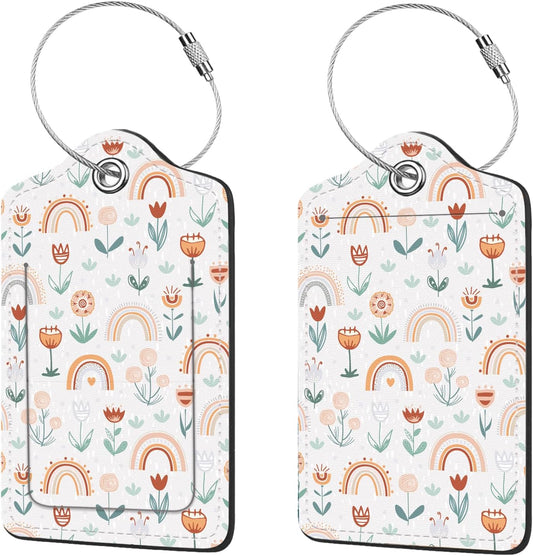 2 Pcs Luggage Tags for Suitcase, Cute Unique PU Leather Travel Bag Tag with Privacy Cover ID Label Address Card and Durable Metal Ring Suitable for Men Women Children Backpack,Rainbow and Flowers