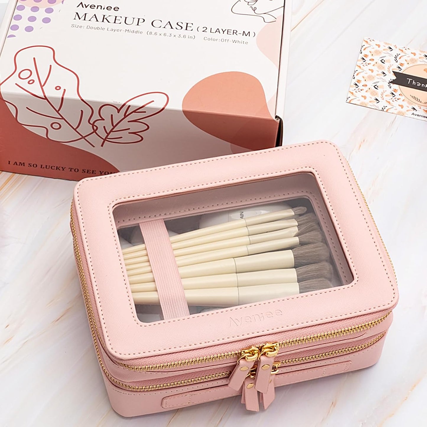 Aveniee XL Clear Makeup Organizer,Double Layer Travel Cosmetic Case with Brush Holder & Zippered Compartments, Large Toiletry Bag Train Case for Women.2 Layers, Pink