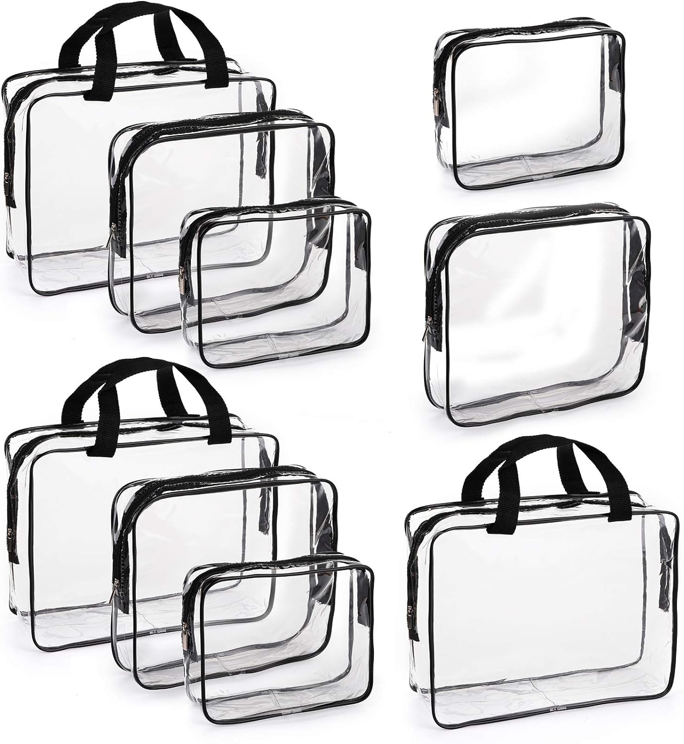 Hedume Set of 9 Clear Makeup Bags, TSA Approved Clear Toiletry Bag Set, Waterproof PVC with Zipper Handle Portable Travel Luggage Pouch