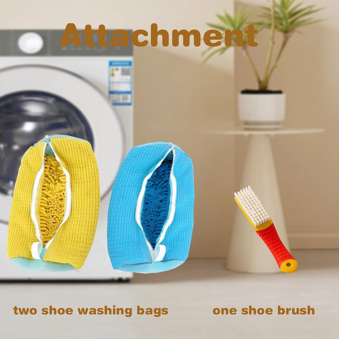 Shoe Washing Machine Bag 2PCS，Laundry Shoe Bag For Washer And Dryer，Reusable Shoe Cleaning Bag for All Shoe Types And Sizes，360°Wrap-around Shoe Washing Bag with One Shoe Brush(Yellow & Blue)