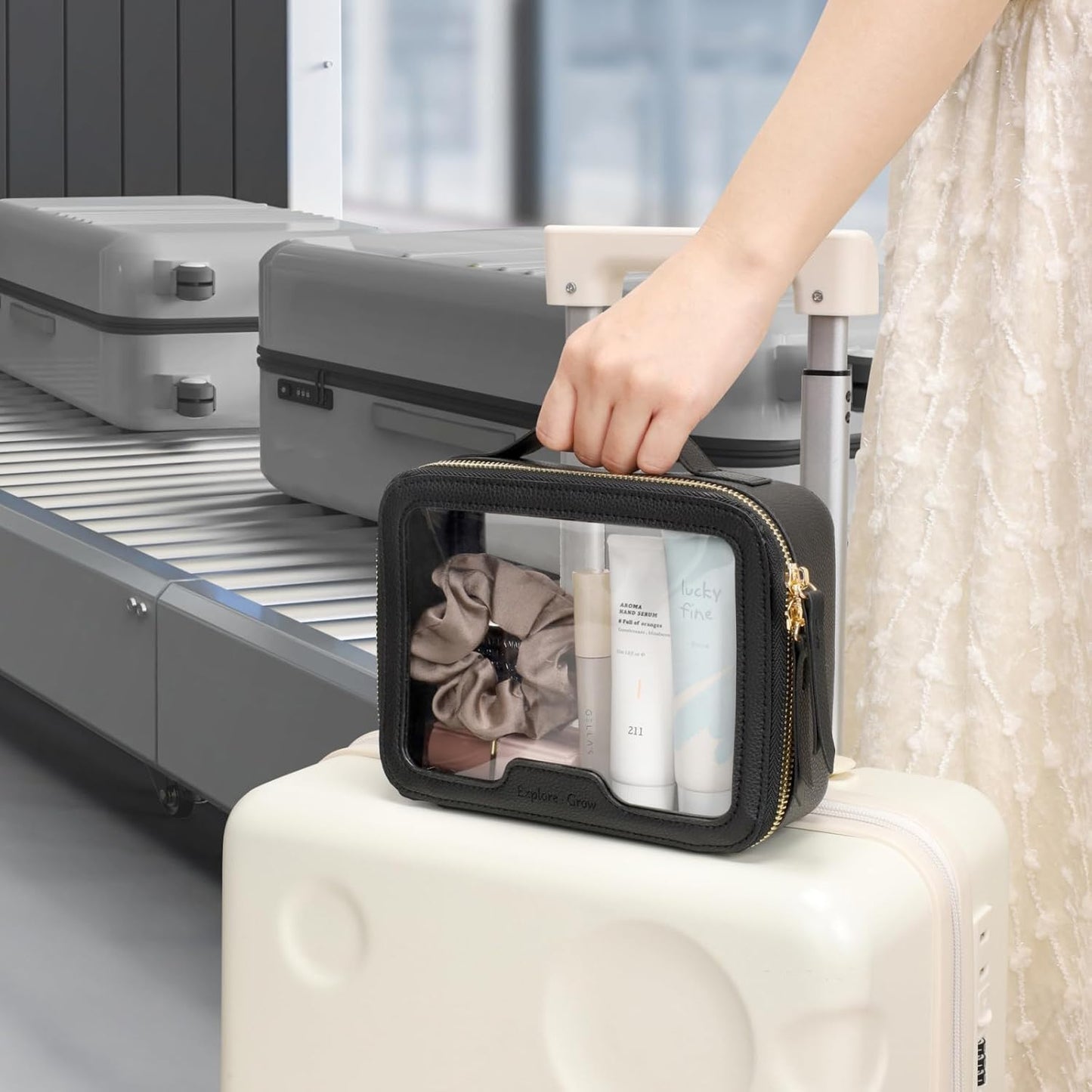 PACKISM TSA Approved Toiletry Bag - Pebbled Texture & Hard PU Leather Clear Quart Size Travel bag TSA Approved, Clear Travel Bag for Toiletries, Toiletry Bag for Women Gift (Black Medium)