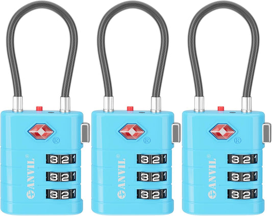 ANVIL TSA Approved Luggage Locks – High Security TSA008 Combination Travel Locks with Inspection Indicator for Suitcases and Backpacks. (3, Bule)