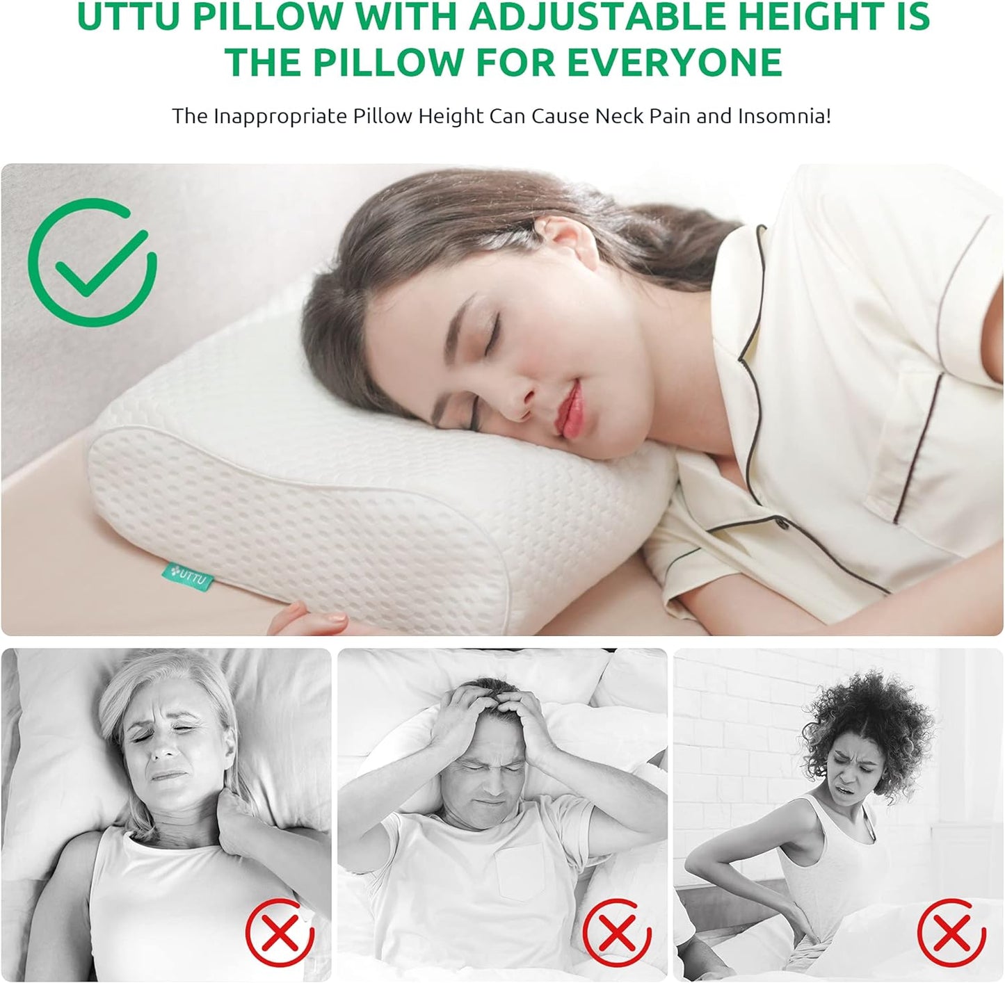 UTTU Cervical Pillow for Neck Strain Relief, Memory Foam Neck Pillow for Sleeping, Adjustable Orthopedic Sandwich Pillow, Contour Cooling for Side Back Stomach Sleeper, Travel(15.7"×11"×5.2"/4.5")