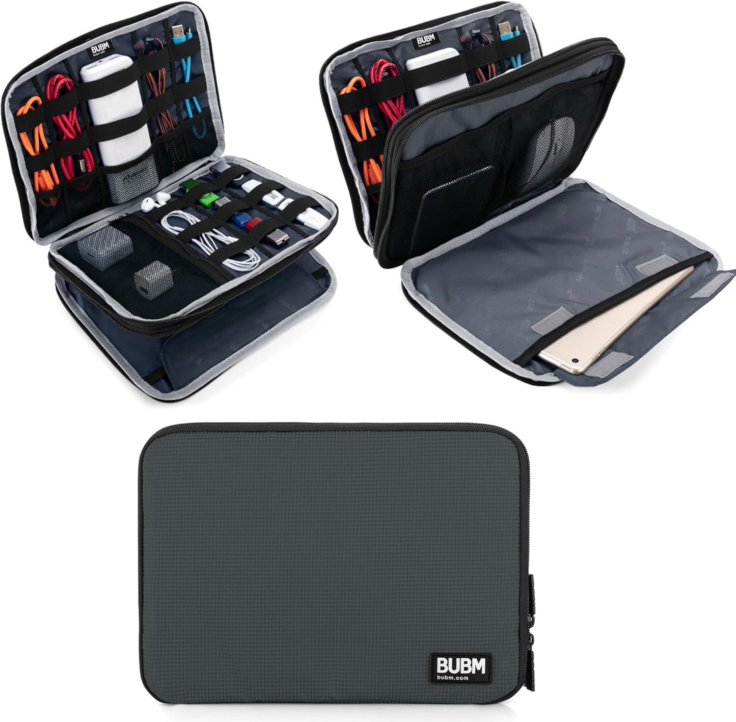 BUBM Double Layer Electronics Organizer, Travel Gadget Bag for Cables, Memory Cards, Flash Hard Drive and More, Fit for iPad or Tablet(up To 9.7")--Large, Gray