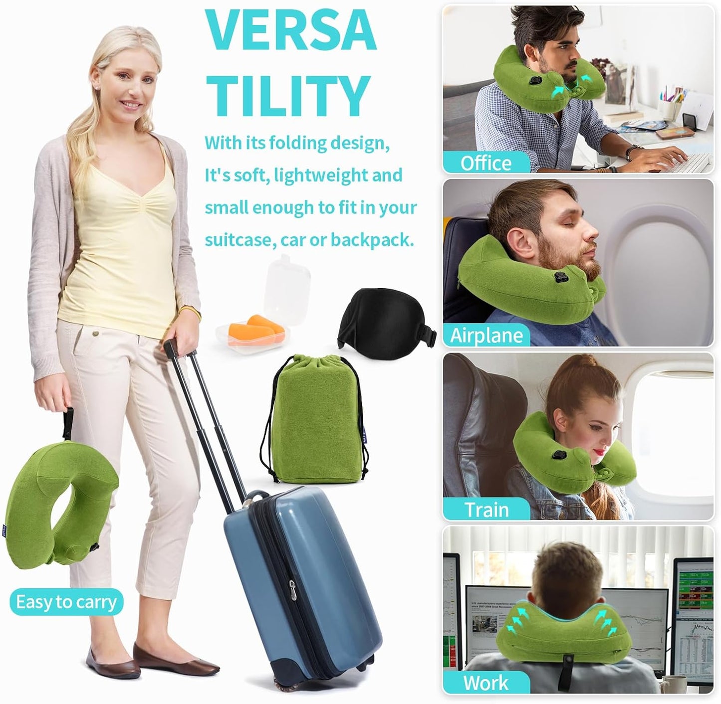 2 Pack Inflatable Travel Neck Pillows for Airplanes, Head Support Velvet Adult Neck Pillows for Long Flight, Kit with Eye Mask, Earplugs and Storage Bag, 2, Green