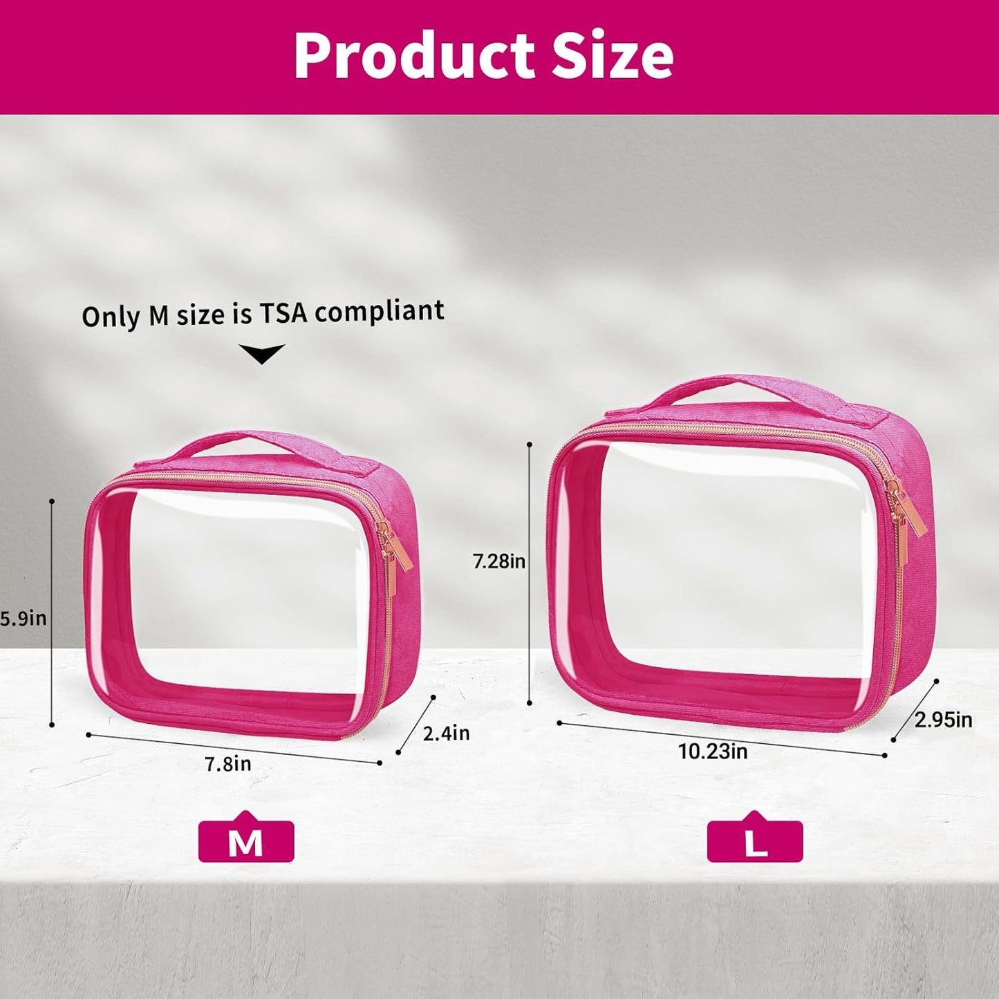 TSA Approved Travel Toiletry Bag,2 Pack Clear Makeup Bags with Handles,Quart Size Clear Cosmetic Bags for Traveling Women,Men,Carry on Airport Airline Compliant Bag,Rose Red