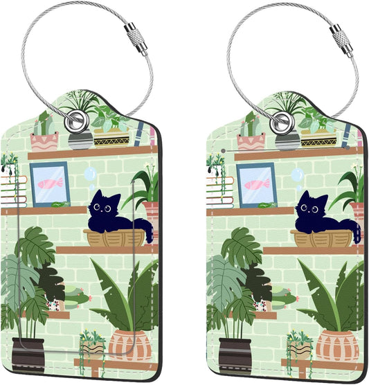 2 Pcs Luggage Tags for Suitcase, Cute Unique PU Leather Travel Bag Tag with Privacy Cover ID Label Address Card and Durable Metal Ring Suitable for Men Women Children Backpack,Cat On The Shelf