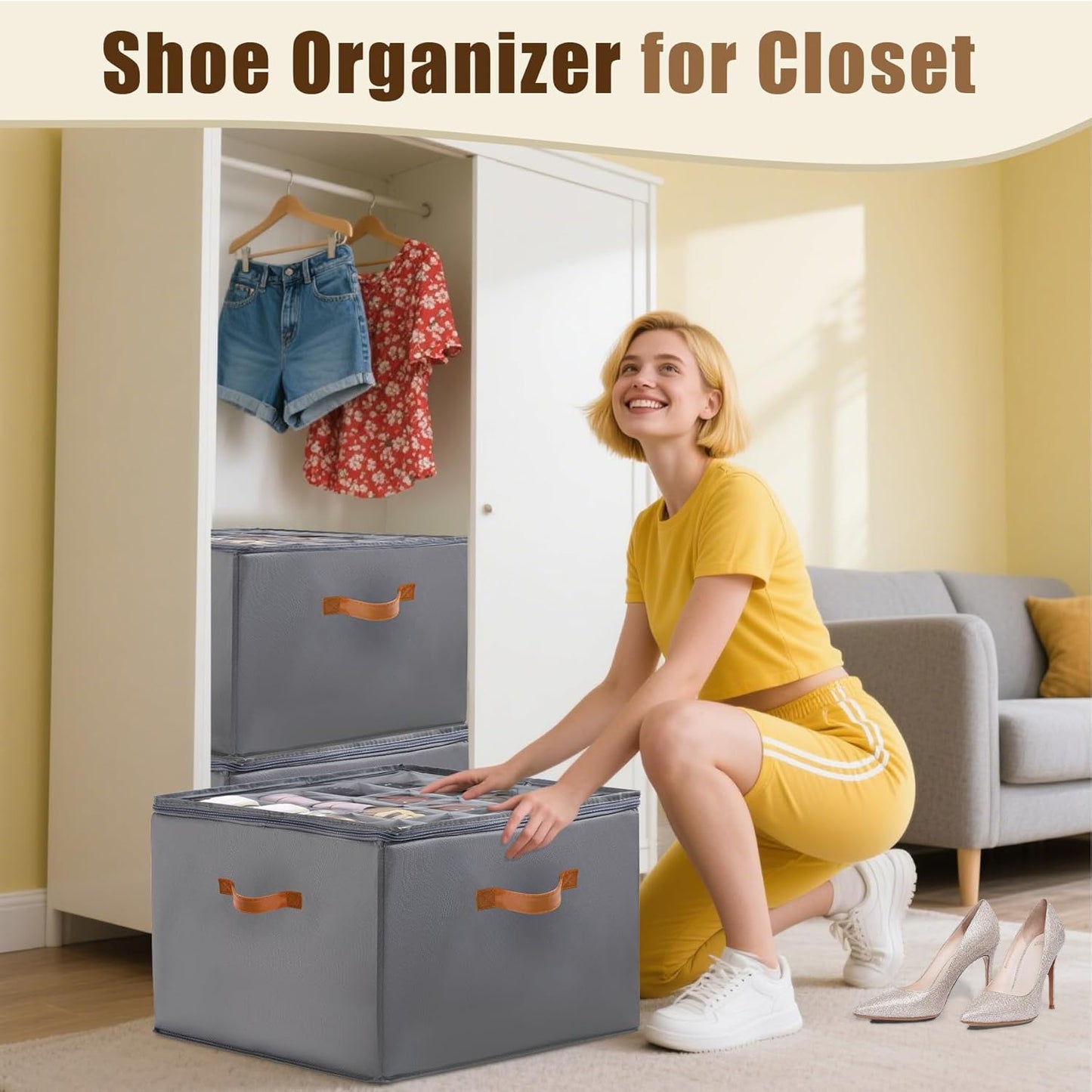 Shoe Organizer for Closet, Fits up to 16 Pairs Shoe Storage, Clear Foldable Shoe Containers Boxes Bins Baskets with Adjustable Dividers and Clear Cover Grey
