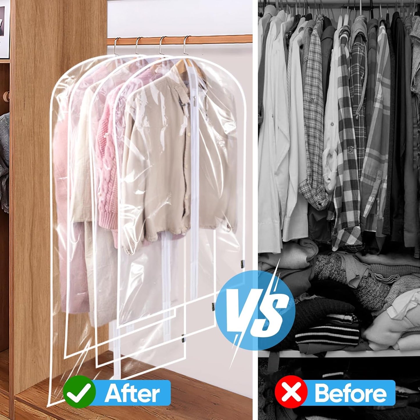 BALEINE 60'' Clear Garment Bags, 12 Packs PEVA Dress Bag for Closet Clothes Dresses Suit Coats Storage (Clear, 12PK)