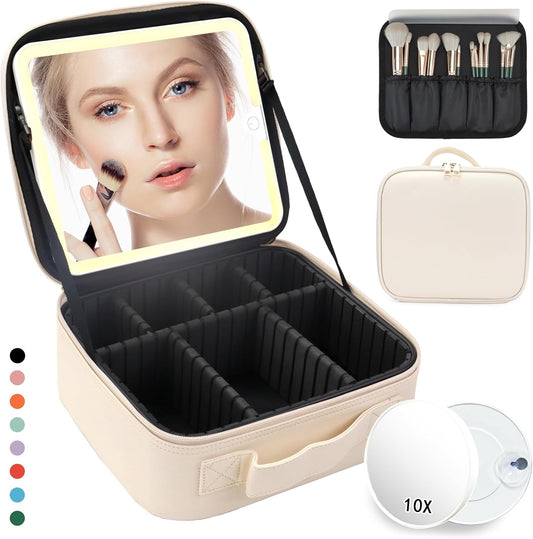 Travel Makeup Bag for Makeup Artists Large Makeup Case,with Mirror 3 Color Setting and Detachable 10x Magnifying Mirror Travel Makeup Bag,Portable Storage and Adjustable Dividers（white）
