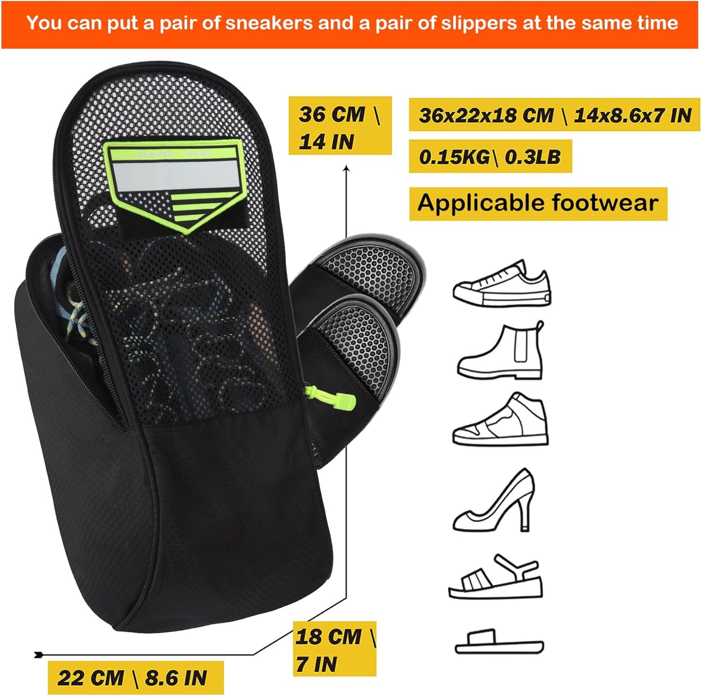 Shoe Bag Golf Travel Soccer Gym Sport with Side Accessory Outside Pocket for Socks Shoe Pouch Portable Large Shoe Storage Bag for Packing Zippered (all black)