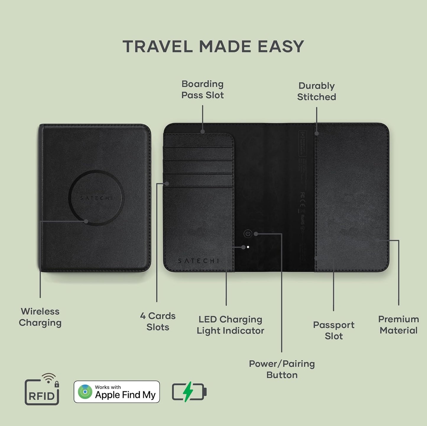 Satechi Passport Holder for Travel with Find My, Passport Cover with 4 Card Holder, Wireless Charging, and RFID protection – Travel Essential Vegan Leather Passport Holder – Black