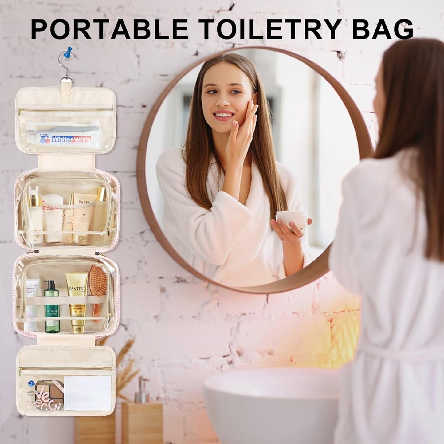 TOPEAST Hanging Toiletry Bag for Women - Travel Toiletry Bag Makeup Bag, Portable Toiletries Cosmetic Bag, Airplane Travel Essentials - Letter N, Blue