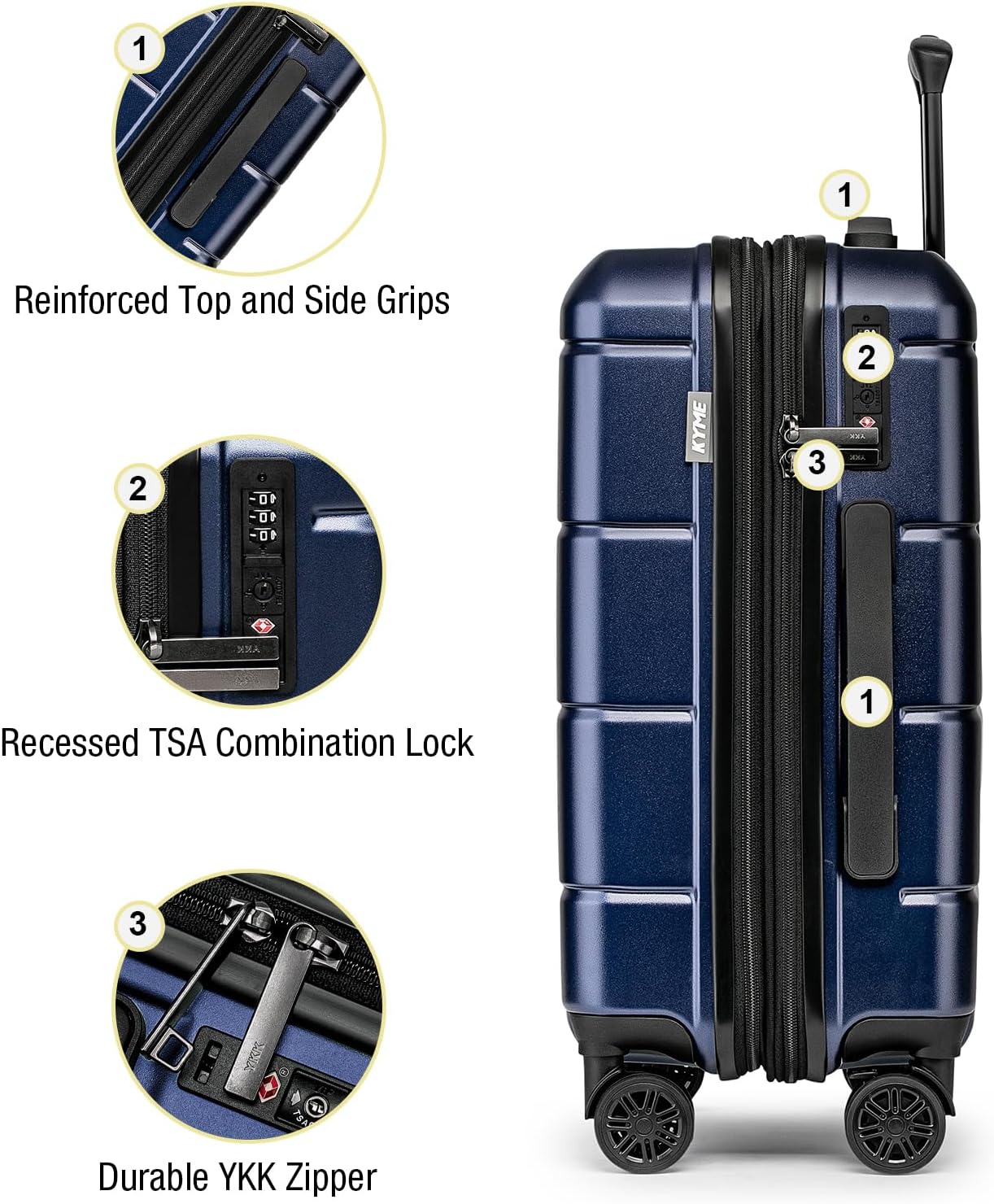 KYME Hardside Expandable Carry On Luggage 22x14x9 Airline Approved 20 Inch Hardshell Carry On Suitcase with Wheels TSA Lock Small Travel Rolling Luggage with Cup Holder for Women Men Navy