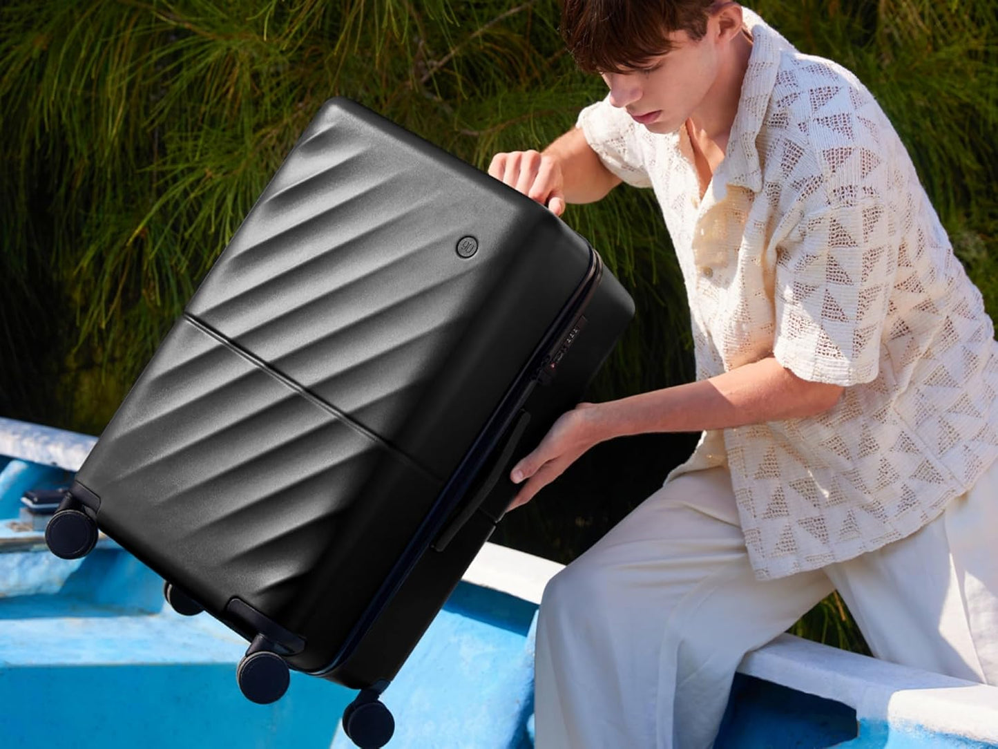 NINETYGO Trunk Luggage 24 Inch, Medium Checked Luggage with Double Spinner Wheels, Anti-Burst Zipper, Hard Case PC Suitcase, Lightweight Travel Luggage, TSA Approved (Onyx Black, Hudson)