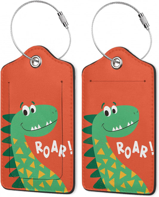 2 Pack Luggage Tags,Leather Suitcase Tags with Privacy Cover Name Address Labels& Durable Steel Loop for Men/Women Travel Bag Suitcases(Cute Cartoon Dinosaur)