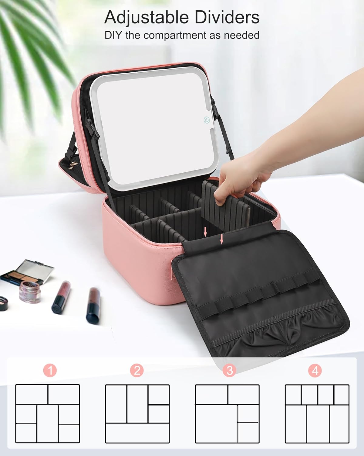 Relavel Makeup Bag with LED Mirror, Travel Makeup Case with Rechargeable Lighted Mirror 3 Color Lights, Dual Layer Cosmetic Box Makeup Brush Lipstick Holder Organizer for Women, Leather Pink