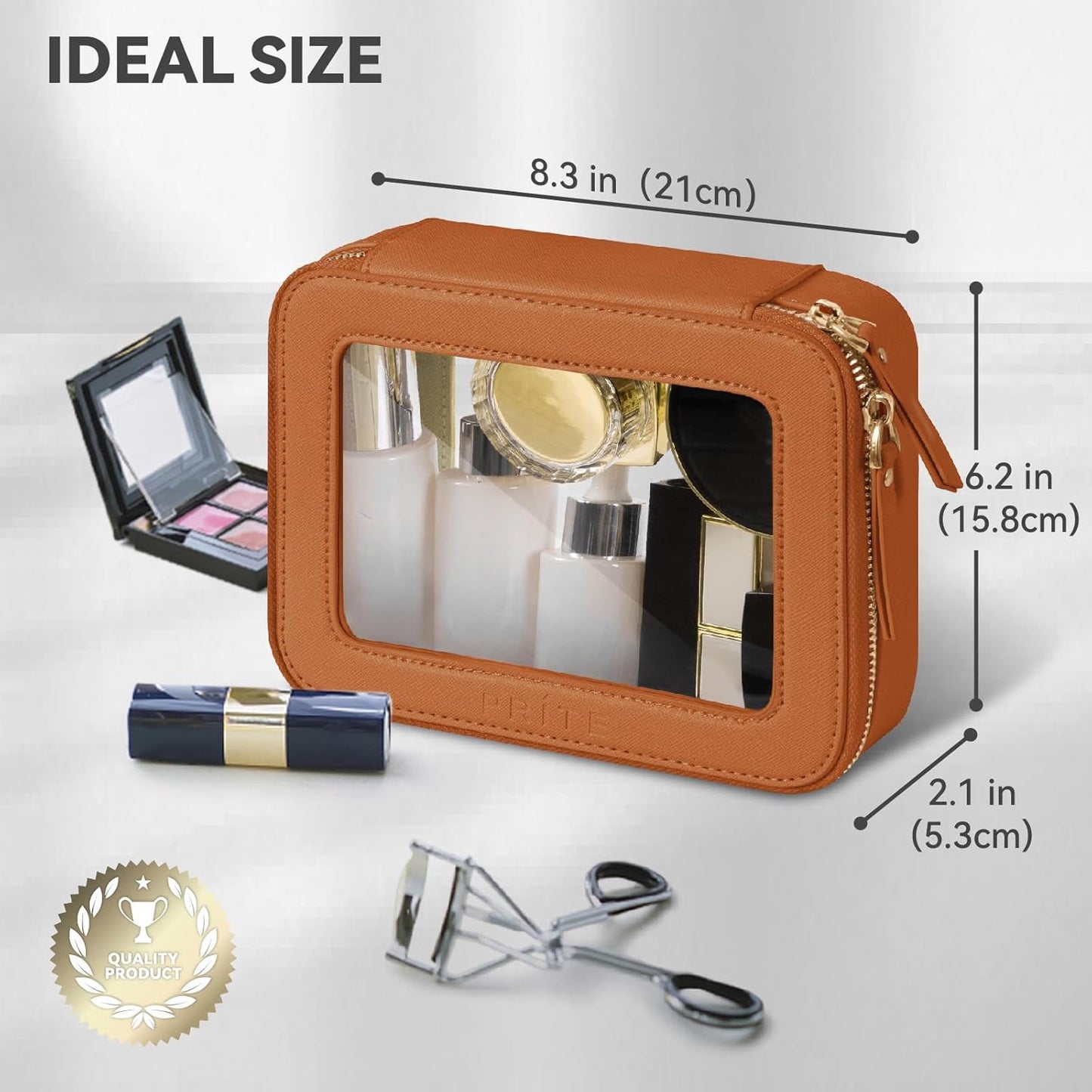 Prite Clear Makeup Bag Cosmetic Organizer Case Waterproof Travel Toiletry Bag Skincare Pouch with Golden Zipper(Brown)