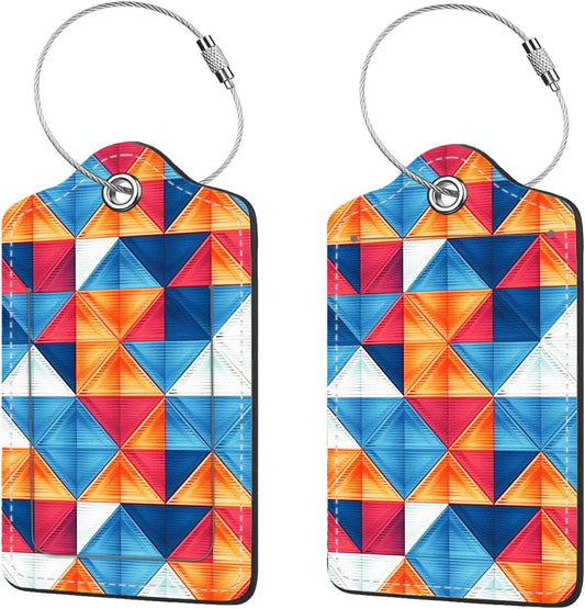 2 Pcs Luggage Tags for Suitcases,PU Leather Cruise Ship Luggage Tags with Privacy Cover Label Address Card and Durable Metal Ring Suitable for Men Women Handbags Backpacks,Colorful Triangles