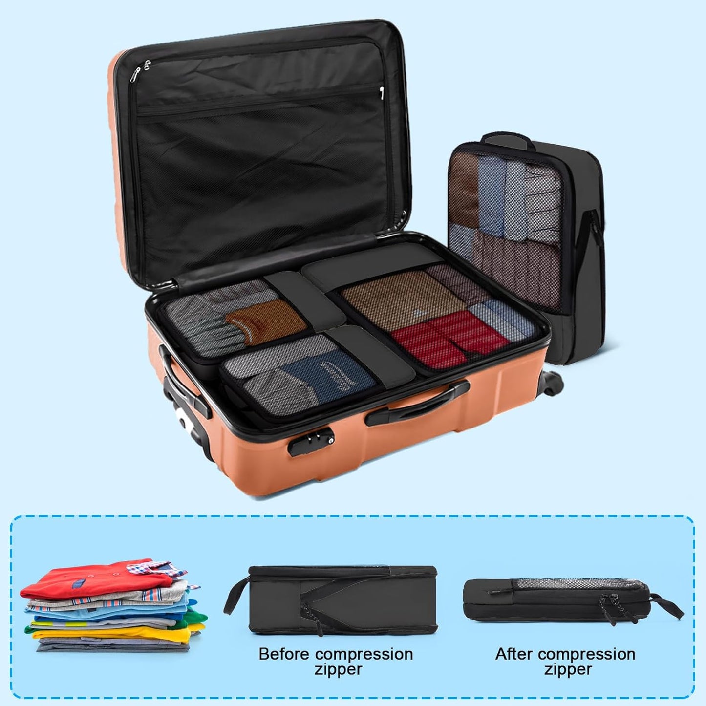 4 PCS Set Compression Packing Cubes for Travel, Lightweight Packaging Organizer Bags for Carry On Space Saving, Travel Essentials Cubes for Suitcase Backpack, Black