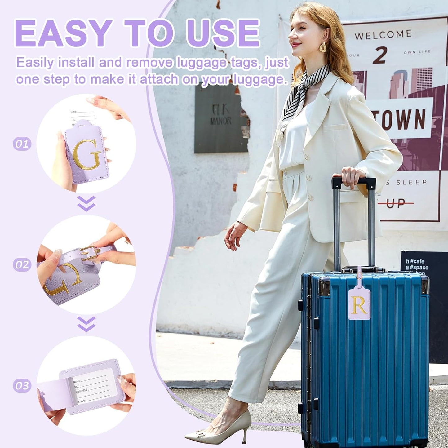 Personalized Initial Luggage Tags for Suitcase, Purple Leather Cute Luggage Tags with Privacy Cover Name Card, Embroidered Custom Monogrammed Luggage Tag Travel Backpack Tags Gifts for Women Kids(R)