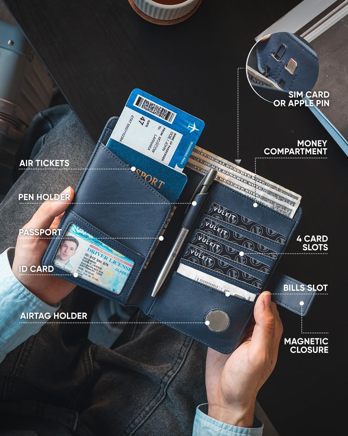 VULKIT Passport Holder with Airtag Holder RFID Blocking Passport Wallet Travel Leather Passport for Women(Navy)