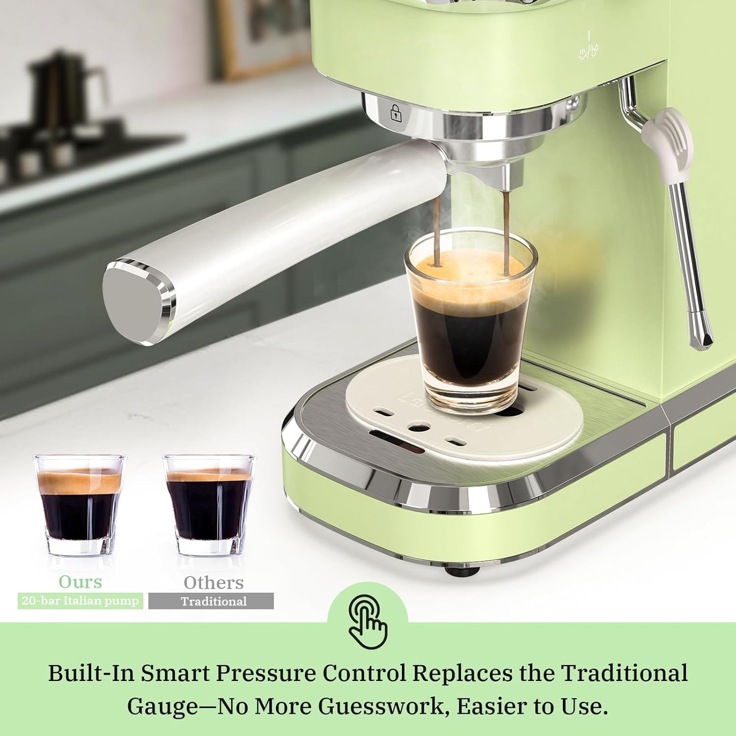 Laekerrt Espresso Machine 20 Bar Espresso Maker CMEP01 with Milk Frother Steam Wand, Professional Expresso Machine for Cappuccino and Latte (Stainless Steel, Green) Gift for Dad, Father, Coffee Lovers
