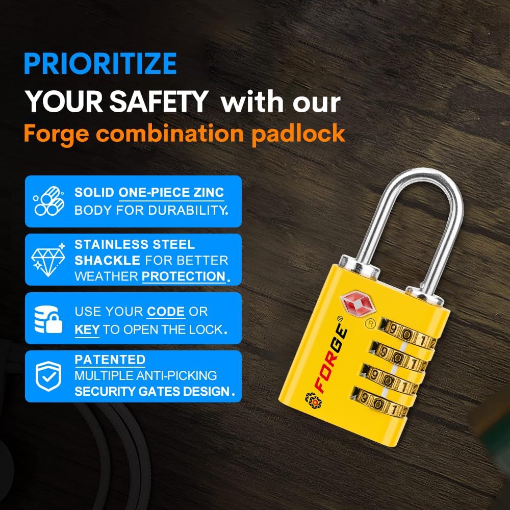 Forge Dual-Opening: Key or Combination Access Lock, TSA Approved Locks for Luggage, Pelican case, Travel, Gym, School, Stainless Steel Shackle.(Yellow 2 Locks)