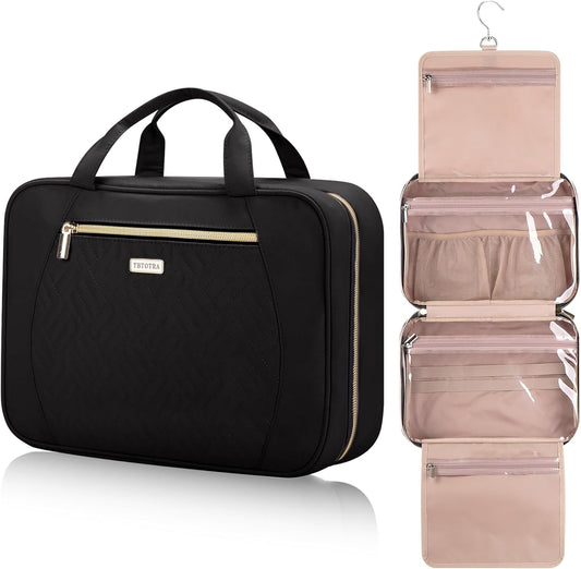 Hanging Toiletry Bag for Women Travel, 2 Sizes Large & Small Waterproof Cosmetic Organizer with 4 Compartments, Rotating Hook, Foldable Pink Travel Bag for Toiletries & Makeup - Large Black