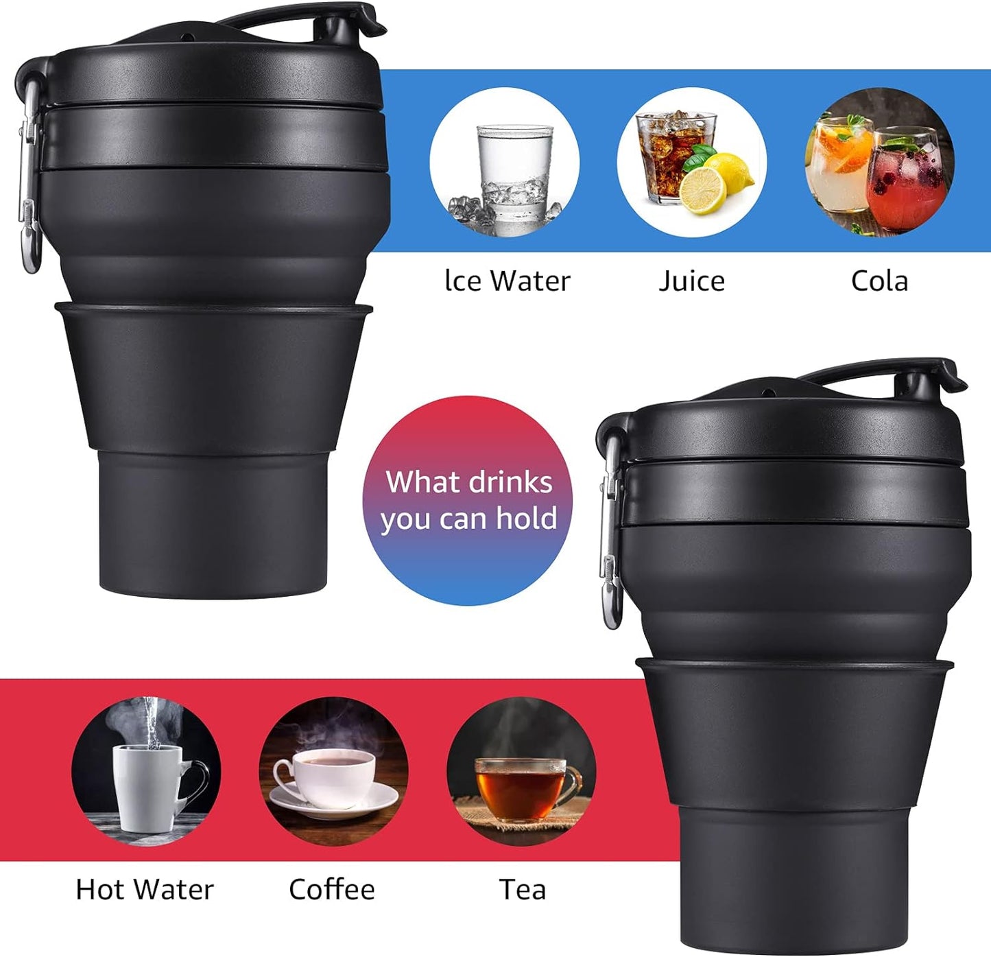2PACK Collapsible Coffee Cup, 20 OZ 600ml Silicone Folding Camping Mug, Leak Proof BPA Free Portable Sport Bottle with Lids for hiking, Microwave & Dishwasher Safe (Black)